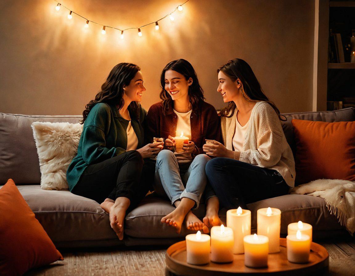 A warm, intimate setting featuring two women sharing a heartfelt moment, surrounded by soft lighting and cozy elements like plush cushions and candles. The women are engaged in deep conversation, expressing emotions with their body language. In the background, hints of personal stories like photos or books can be seen, symbolizing their journey together. The scene is filled with vibrant colors that evoke warmth and love. super-realistic. vibrant colors. cozy ambiance.