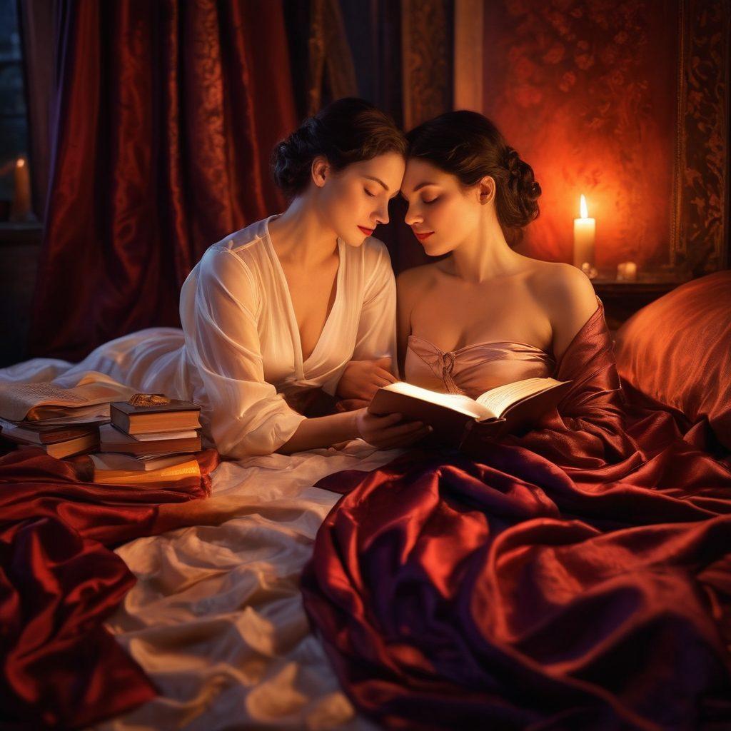 A passionate and intimate scene depicting two women in an embrace, surrounded by soft candlelight and silk fabrics, their expressions radiating love and connection. Include elements of erotic literature like open books with visible, captivating passages scattered around, creating an atmosphere of exploration and desire. The color palette should blend warm hues with deep reds and purples to evoke passion. surrealistic. vibrant colors. soft focus.