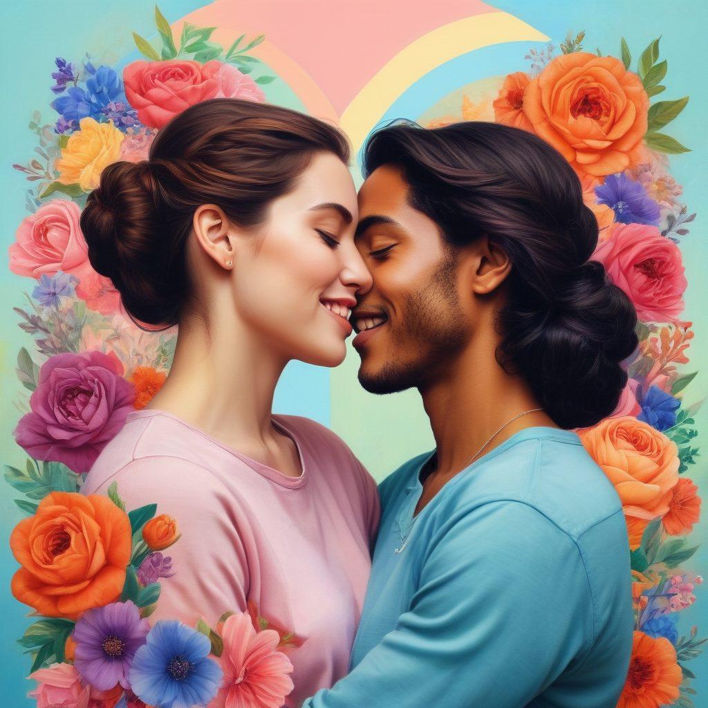 A vibrant collage depicting diverse couples engaged in intimate moments, showcasing a spectrum from playful, adventurous scenes to tender, romantic narratives. Include elements that symbolize love and unity, like rainbow colors intertwined with soft pastels. The background features subtle hearts and floral motifs to enhance the warmth of the scenes. super-realistic. vibrant colors. blending styles of painting and digital art.